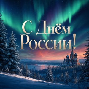 Открытка на День России с северным сиянием