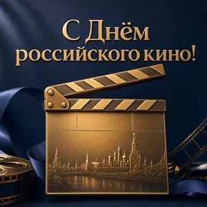 Открытка на День российского кино с золотой кинохлопушкой