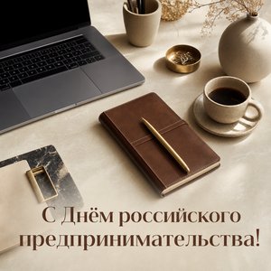 Открытка на День российского предпринимательства с ноутбуком и кофе