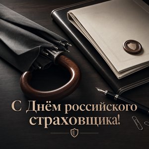 Открытка на День российского страховщика с полисом, зонтом и перьевой ручкой