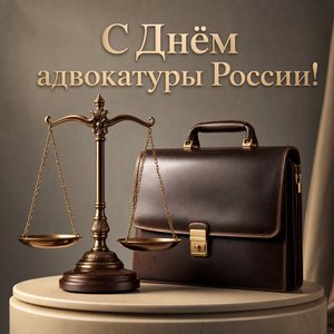 Открытка на День российской адвокатуры с 3D-весами и кожаным портфелем
