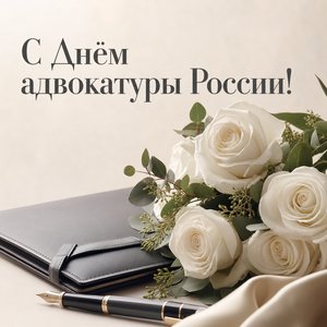 Открытка на День российской адвокатуры с белыми розами и адвокатской папкой