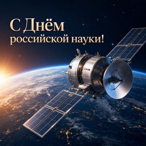 Открытка на День российской науки со спутником на орбите