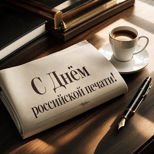 Открытка на День российской печати с газетой, кофе и перьевой ручкой