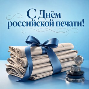 Открытка на День российской печати со стопкой газет и чернильницей