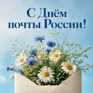 Открытка на День российской почты с конвертом и ромашками