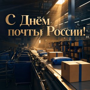 Открытка на День российской почты с лентой посылок