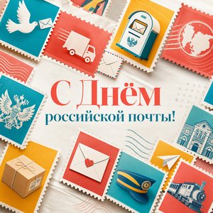 Открытка на День российской почты с яркими почтовыми марками
