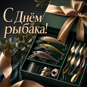 Открытка на День рыбака с подарочной коробкой снастей