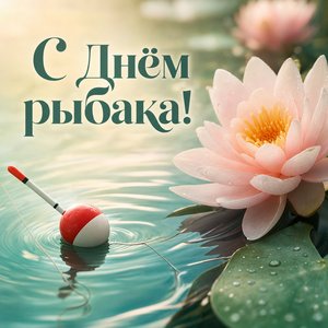 Открытка на День рыбака с поплавком и кувшинкой