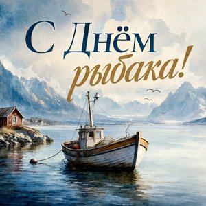 Открытка на День рыбака с рыбацкой лодкой