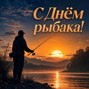Открытка на День рыбака с силуэтом рыбака