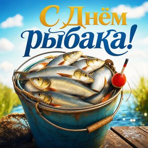 Открытка на День рыбака с ведром улова