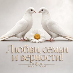 Открытка на День семьи, любви и верности с белыми голубями и ромашкой
