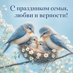 Открытка на День семьи, любви и верности с птичьей семьёй в гнезде