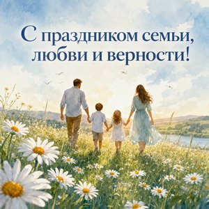 Открытка на День семьи, любви и верности с семьёй на ромашковом лугу