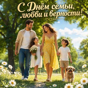 Открытка на День семьи, любви и верности с семьёй в парке