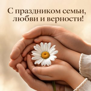 Открытка на День семьи, любви и верности с семейными руками и ромашкой