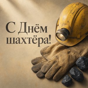 Открытка на День шахтёра с рабочими перчатками и каской