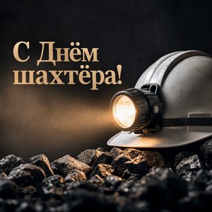 Открытка на День шахтёра с шахтёрской каской и углём