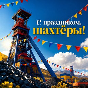 Открытка на День шахтёра с шахтной башней и флажками