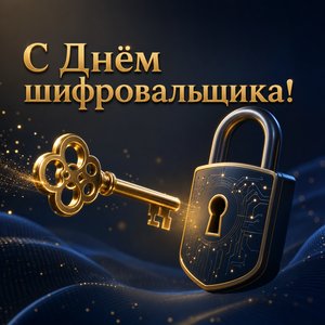 Открытка на День шифровальщика с золотым ключом и цифровым замком