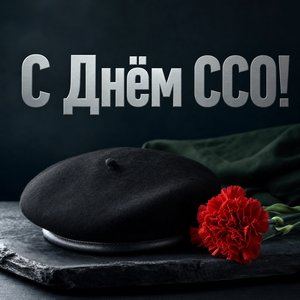 Открытка на День Сил специальных операций с чёрным беретом и гвоздикой