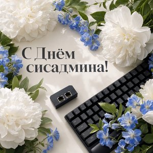 Открытка на День системного администратора с клавиатурой и цветами