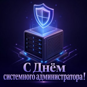 Открытка на День системного администратора с сервером и щитом