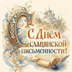 Открытка на День славянской письменности и культуры с акварельной буквицей