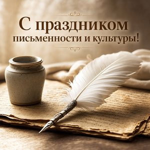 Открытка на День славянской письменности и культуры с пером и рукописью