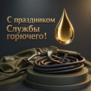 Открытка на День Службы горючего Вооруженных сил России с каплей топлива и заправочным рукавом