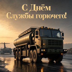 Открытка на День Службы горючего Вооруженных сил России с армейской топливной автоцистерной