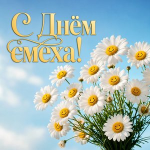 Открытка на День смеха с ромашками-улыбками