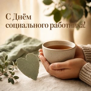 Открытка на День социального работника с руками, чашкой чая и сердцем