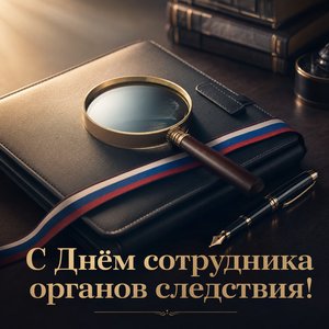 Открытка на День сотрудника органов следствия Российской Федерации с лупой на папке дела