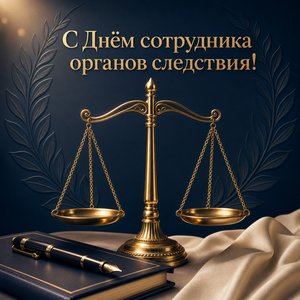 Открытка на День сотрудника органов следствия Российской Федерации с золотыми весами правосудия