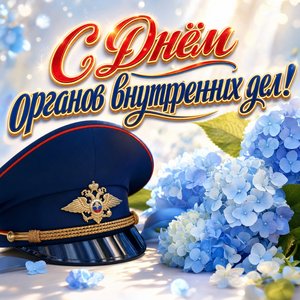 Открытка на День сотрудника органов внутренних дел с фуражкой и голубыми гортензиями