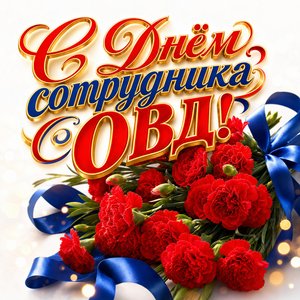 Открытка на День сотрудника органов внутренних дел с красными гвоздиками и синей лентой