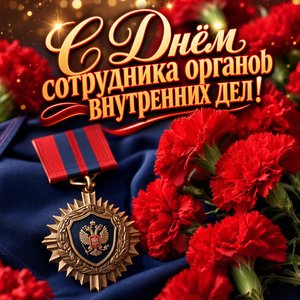Открытка на День сотрудника органов внутренних дел с медалью и красными гвоздиками