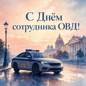 Открытка на День сотрудника органов внутренних дел с патрульным автомобилем