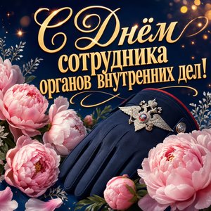 Открытка на День сотрудника органов внутренних дел с пионами и форменной перчаткой