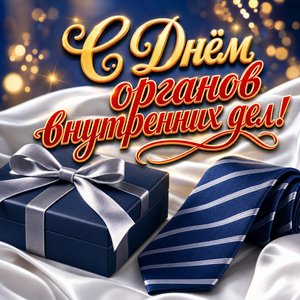 Открытка на День сотрудника органов внутренних дел с подарочной коробкой и форменным галстуком