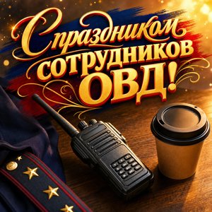 Открытка на День сотрудника органов внутренних дел с рацией и утренним кофе