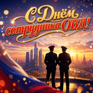 Открытка на День сотрудника органов внутренних дел с силуэтами сотрудников на рассвете