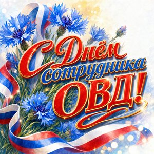 Открытка на День сотрудника органов внутренних дел с васильками и триколорной лентой
