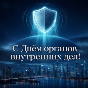 Открытка на День сотрудника органов внутренних дел со светящимся щитом над городом