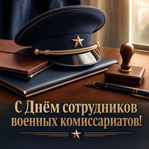 Открытка на День сотрудников военных комиссариатов с фуражкой, папками и печатью