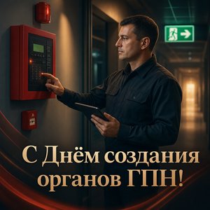 Открытка на День создания органов государственного пожарного надзора с инспектором в коридоре