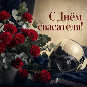 Открытка на День спасателя с гвоздиками и каской